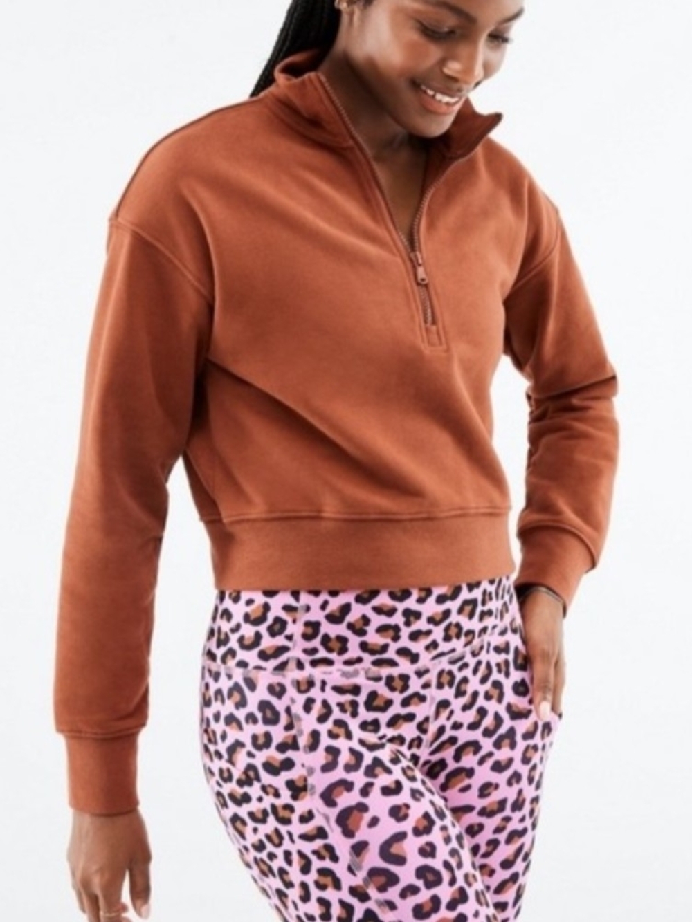 Fabletics Burnt Orange Half-Zip Cropped Sweatshirt